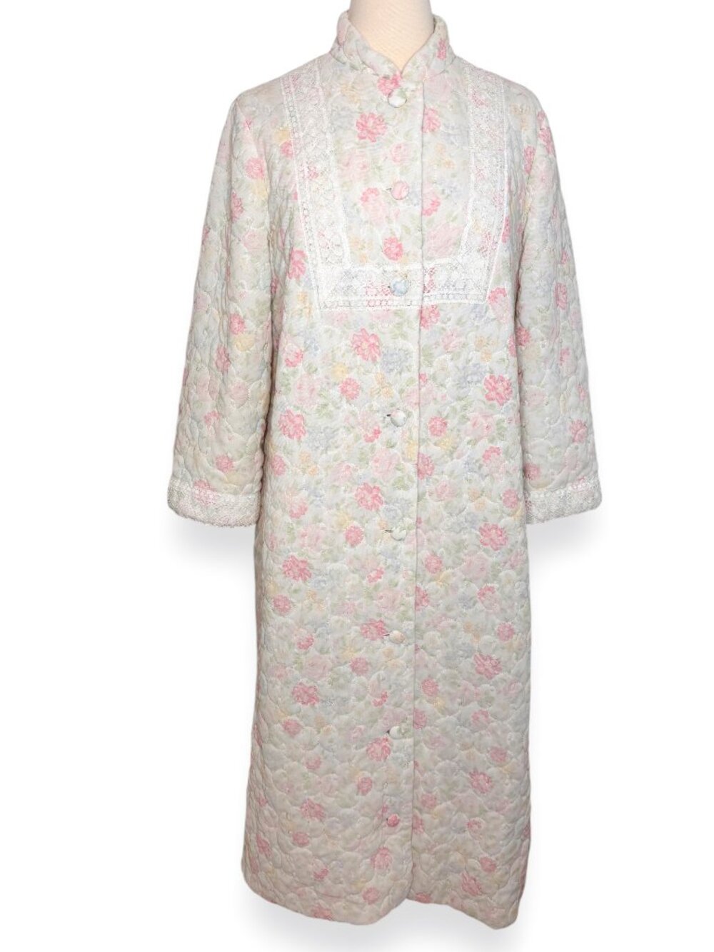 Vintage Sears At Home Wear Quilted Floral Button Front Ivory Pink Robe Housecoat